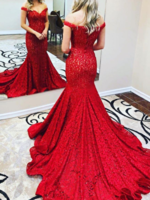 Jovani red lace off-the-shoulder prom gown